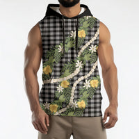 Aloha Puakenikeni Anthurium Pikake Lei Sleeveless Hoodie Black Hawaiian Palaka Pattern