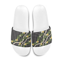 Aloha Puakenikeni Anthurium Pikake Lei Slide Sandals Black Hawaiian Palaka Pattern