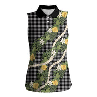 Aloha Puakenikeni Anthurium Pikake Lei Women Sleeveless Polo Shirt Black Hawaiian Palaka Pattern