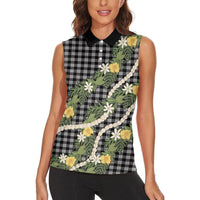 Aloha Puakenikeni Anthurium Pikake Lei Women Sleeveless Polo Shirt Black Hawaiian Palaka Pattern