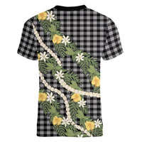Aloha Puakenikeni Anthurium Pikake Lei Women V-Neck T-Shirt Black Hawaiian Palaka Pattern
