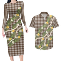 Aloha Puakenikeni Anthurium Pikake Lei Couples Matching Long Sleeve Bodycon Dress and Hawaiian Shirt Chocolate Hawaiian Palaka Pattern