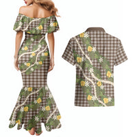 Aloha Puakenikeni Anthurium Pikake Lei Couples Matching Mermaid Dress and Hawaiian Shirt Chocolate Hawaiian Palaka Pattern