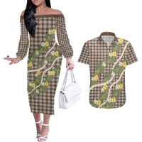Aloha Puakenikeni Anthurium Pikake Lei Couples Matching Off The Shoulder Long Sleeve Dress and Hawaiian Shirt Chocolate Hawaiian Palaka Pattern
