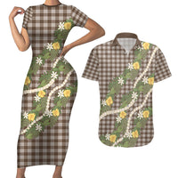 Aloha Puakenikeni Anthurium Pikake Lei Couples Matching Short Sleeve Bodycon Dress and Hawaiian Shirt Chocolate Hawaiian Palaka Pattern