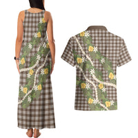 Aloha Puakenikeni Anthurium Pikake Lei Couples Matching Tank Maxi Dress and Hawaiian Shirt Chocolate Hawaiian Palaka Pattern