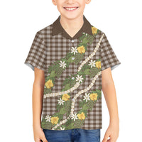 Aloha Puakenikeni Anthurium Pikake Lei Family Matching Off Shoulder Maxi Dress and Hawaiian Shirt Chocolate Hawaiian Palaka Pattern