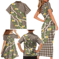 Aloha Puakenikeni Anthurium Pikake Lei Family Matching Short Sleeve Bodycon Dress and Hawaiian Shirt Chocolate Hawaiian Palaka Pattern
