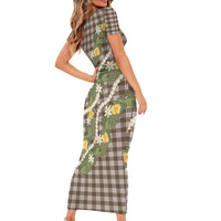 Aloha Puakenikeni Anthurium Pikake Lei Family Matching Short Sleeve Bodycon Dress and Hawaiian Shirt Chocolate Hawaiian Palaka Pattern