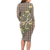 Aloha Puakenikeni Anthurium Pikake Lei Long Sleeve Bodycon Dress Chocolate Hawaiian Palaka Pattern