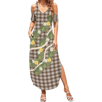 Aloha Puakenikeni Anthurium Pikake Lei Summer Maxi Dress Chocolate Hawaiian Palaka Pattern