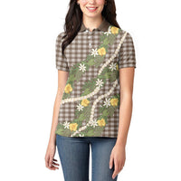 Aloha Puakenikeni Anthurium Pikake Lei Women Polo Shirt Chocolate Hawaiian Palaka Pattern