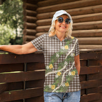 Aloha Puakenikeni Anthurium Pikake Lei Women Polo Shirt Chocolate Hawaiian Palaka Pattern
