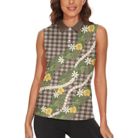 Aloha Puakenikeni Anthurium Pikake Lei Women Sleeveless Polo Shirt Chocolate Hawaiian Palaka Pattern