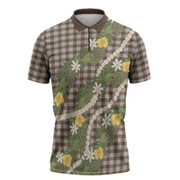 Aloha Puakenikeni Anthurium Pikake Lei Zipper Polo Shirt Chocolate Hawaiian Palaka Pattern
