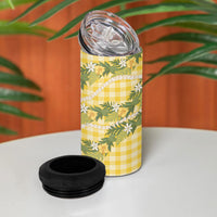 Aloha Puakenikeni Anthurium Pikake Lei 4 in 1 Can Cooler Tumbler Gold Hawaiian Palaka Pattern