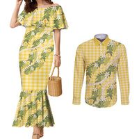 Aloha Puakenikeni Anthurium Pikake Lei Couples Matching Mermaid Dress and Long Sleeve Button Shirt Gold Hawaiian Palaka Pattern