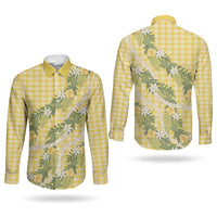 Aloha Puakenikeni Anthurium Pikake Lei Couples Matching Mermaid Dress and Long Sleeve Button Shirt Gold Hawaiian Palaka Pattern LT9 - Polynesian Pride