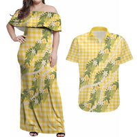 Aloha Puakenikeni Anthurium Pikake Lei Couples Matching Off Shoulder Maxi Dress and Hawaiian Shirt Gold Hawaiian Palaka Pattern