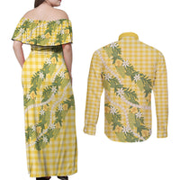Aloha Puakenikeni Anthurium Pikake Lei Couples Matching Off Shoulder Maxi Dress and Long Sleeve Button Shirt Gold Hawaiian Palaka Pattern