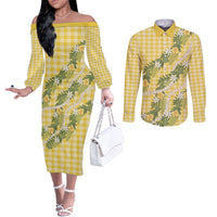 Aloha Puakenikeni Anthurium Pikake Lei Couples Matching Off The Shoulder Long Sleeve Dress and Long Sleeve Button Shirt Gold Hawaiian Palaka Pattern