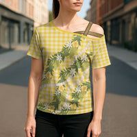 Aloha Puakenikeni Anthurium Pikake Lei Cross Shoulder Shirt Gold Hawaiian Palaka Pattern