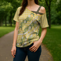 Aloha Puakenikeni Anthurium Pikake Lei Cross Shoulder Shirt Gold Hawaiian Palaka Pattern