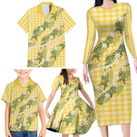 Aloha Puakenikeni Anthurium Pikake Lei Family Matching Long Sleeve Bodycon Dress and Hawaiian Shirt Gold Hawaiian Palaka Pattern