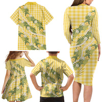 Aloha Puakenikeni Anthurium Pikake Lei Family Matching Long Sleeve Bodycon Dress and Hawaiian Shirt Gold Hawaiian Palaka Pattern