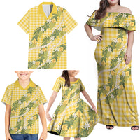 Aloha Puakenikeni Anthurium Pikake Lei Family Matching Off Shoulder Maxi Dress and Hawaiian Shirt Gold Hawaiian Palaka Pattern