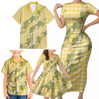 Aloha Puakenikeni Anthurium Pikake Lei Family Matching Short Sleeve Bodycon Dress and Hawaiian Shirt Gold Hawaiian Palaka Pattern LT9 - Polynesian Pride