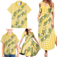 Aloha Puakenikeni Anthurium Pikake Lei Family Matching Summer Maxi Dress and Hawaiian Shirt Gold Hawaiian Palaka Pattern