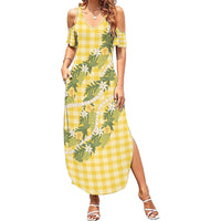 Aloha Puakenikeni Anthurium Pikake Lei Family Matching Summer Maxi Dress and Hawaiian Shirt Gold Hawaiian Palaka Pattern