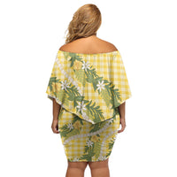 Aloha Puakenikeni Anthurium Pikake Lei Off Shoulder Short Dress Gold Hawaiian Palaka Pattern