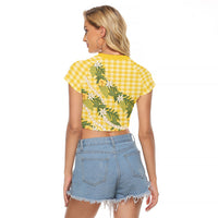 Aloha Puakenikeni Anthurium Pikake Lei Raglan Cropped T Shirt Gold Hawaiian Palaka Pattern