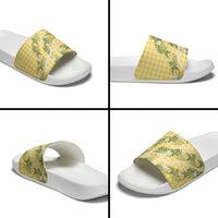Aloha Puakenikeni Anthurium Pikake Lei Slide Sandals Gold Hawaiian Palaka Pattern