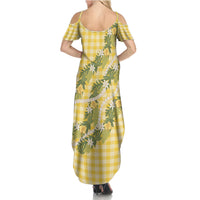 Aloha Puakenikeni Anthurium Pikake Lei Summer Maxi Dress Gold Hawaiian Palaka Pattern