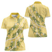 Aloha Puakenikeni Anthurium Pikake Lei Women Polo Shirt Gold Hawaiian Palaka Pattern