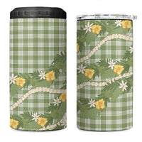 Aloha Puakenikeni Anthurium Pikake Lei 4 in 1 Can Cooler Tumbler Green Hawaiian Palaka Pattern