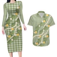Aloha Puakenikeni Anthurium Pikake Lei Couples Matching Long Sleeve Bodycon Dress and Hawaiian Shirt Green Hawaiian Palaka Pattern