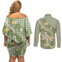 Aloha Puakenikeni Anthurium Pikake Lei Couples Matching Off Shoulder Short Dress and Long Sleeve Button Shirt Green Hawaiian Palaka Pattern