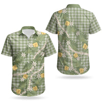 Aloha Puakenikeni Anthurium Pikake Lei Couples Matching Off The Shoulder Long Sleeve Dress and Hawaiian Shirt Green Hawaiian Palaka Pattern LT9 - Polynesian Pride