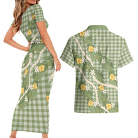 Aloha Puakenikeni Anthurium Pikake Lei Couples Matching Short Sleeve Bodycon Dress and Hawaiian Shirt Green Hawaiian Palaka Pattern