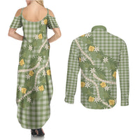 Aloha Puakenikeni Anthurium Pikake Lei Couples Matching Summer Maxi Dress and Long Sleeve Button Shirt Green Hawaiian Palaka Pattern