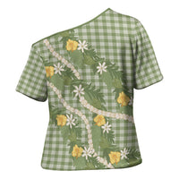 Aloha Puakenikeni Anthurium Pikake Lei Cross Shoulder Shirt Green Hawaiian Palaka Pattern