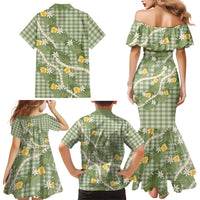 Aloha Puakenikeni Anthurium Pikake Lei Family Matching Mermaid Dress and Hawaiian Shirt Green Hawaiian Palaka Pattern