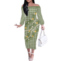 Aloha Puakenikeni Anthurium Pikake Lei Family Matching Off The Shoulder Long Sleeve Dress and Hawaiian Shirt Green Hawaiian Palaka Pattern