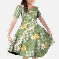 Aloha Puakenikeni Anthurium Pikake Lei Family Matching Off Shoulder Maxi Dress and Hawaiian Shirt Green Hawaiian Palaka Pattern