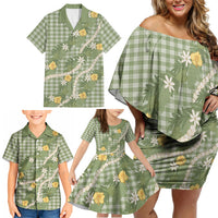 Aloha Puakenikeni Anthurium Pikake Lei Family Matching Off Shoulder Short Dress and Hawaiian Shirt Green Hawaiian Palaka Pattern LT9 - Polynesian Pride