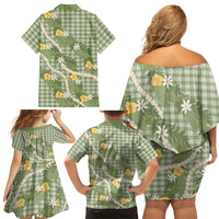 Aloha Puakenikeni Anthurium Pikake Lei Family Matching Off Shoulder Short Dress and Hawaiian Shirt Green Hawaiian Palaka Pattern